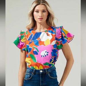 NWT Sugarlips floral ruffle short sleeve top, size XS